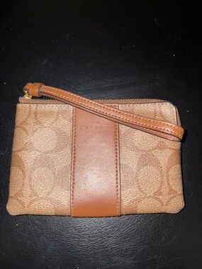 Coach Tan Brown Signature Canvas Wristlet with Leather Strap